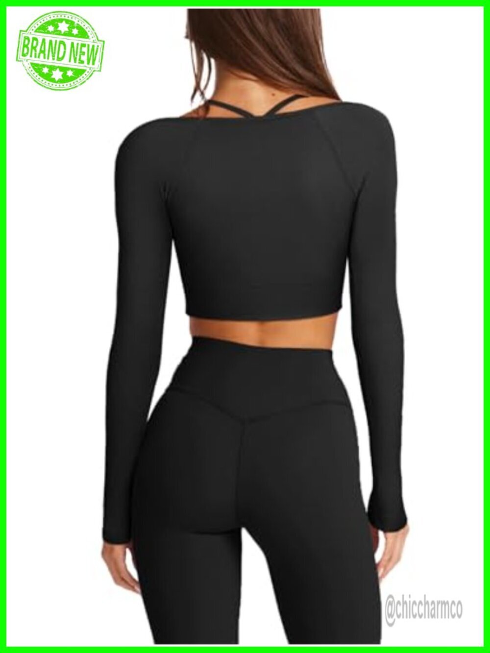 Seamless Ribbed Long Sleeve Crop Top Built-in Bra Yoga - Picture 4 of 6